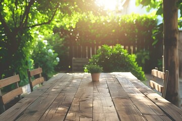 Sunlit backyard garden with rustic wooden table and chairs under tree shade, soft light, summer greenery background.