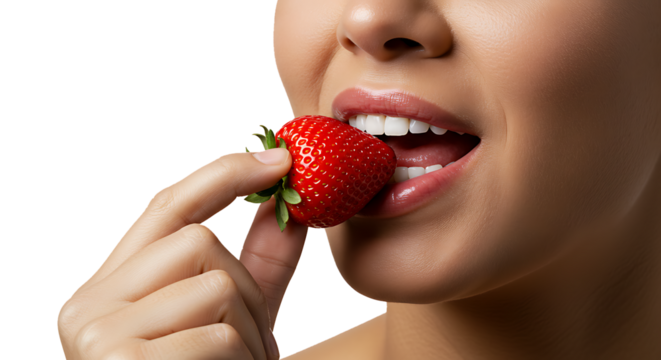 Delicious Strawberry A Close-Up of Woman Enjoying Fresh, Juicy Fruit, isolated on white or transparent background