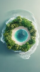 Island circle aerial view. Lush green trees around bright turquoise water and white sand. Gentle waves splash the island shores. Serene seascape.