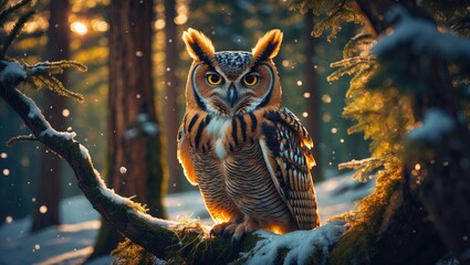 Snow-covered winter forest with a Strix aluco owl resting on a branch.