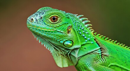 Fototapeta premium Small Green Iguana Closeup Reptile Vibrant Tropical Detailed Scaly Skin