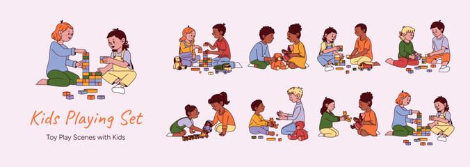 Group of diverse children playing together with toys. African American boys and girls included. Colored flat graphic vector illustration of toddlers on floor. For posters, greetings, print use.