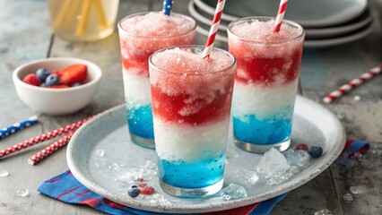 Festive red, white, and blue slushies in glasses with fresh berries and straws, ideal for summer celebrations.