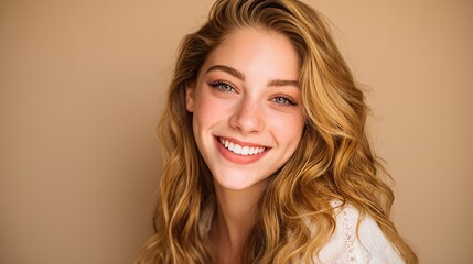 Naklejka premium A beautiful woman with long, wavy hair that accentuates her natural skin tone, a beige background that complements her skin tone, perfect for beauty or hair care product advertising.