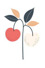 Stylized cherry branch with two cherries in red and beige isolated on transparent PNG