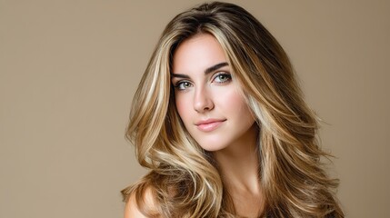 Fototapeta premium A beautiful woman with long, wavy hair that accentuates her natural skin tone, a beige background that complements her skin tone, perfect for beauty or hair care product advertising.