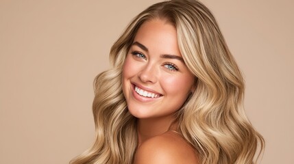 A beautiful woman with long, wavy hair that accentuates her natural skin tone, a beige background that complements her skin tone, perfect for beauty or hair care product advertising.