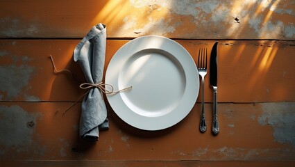Luxury restaurant table setup featuring white plates, silver cutlery, linen napkins, and reflective surfaces, top view with space for text.