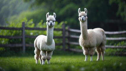 Fototapeta premium Cute baby llama with mother in a lush outdoor pasture