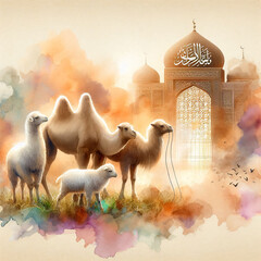 Serene Desert Scene Camels, Mosque, and Golden Sunset