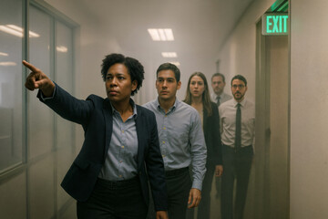 Office Fire Drill Led by Diverse Team in Smoke-Filled Hallway