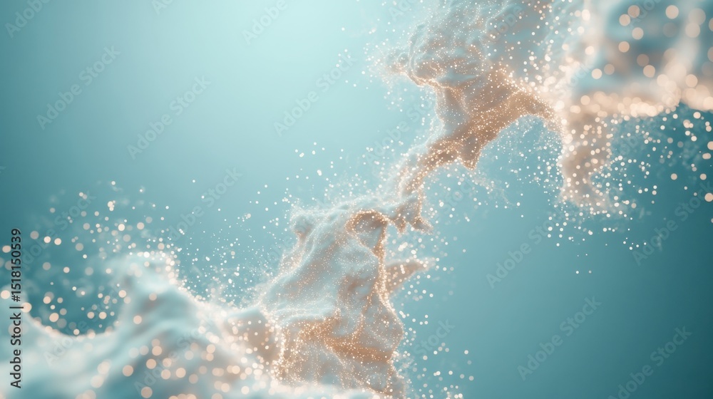 Poster abstract shapes flow against a calm blue backdrop. glowing specks surround the forms adding luminosi