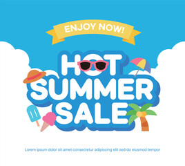 Bright and cheerful 'Hot Summer Sale' banner with tropical elements like sunglasses, ice cream, palm trees, hats and parasols. Perfect design for vacation, travel and summer season promotions.