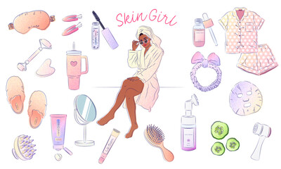 Set skincare accessories, hand cream, table mirror, hairbrush, serum, lip balm, woman in bathrobe. Vector illustration
