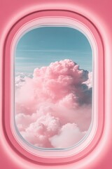 Airplane window view. Sky and large soft pink clouds outside. Travel above the heavens. Light blue above soft formations. Gentle light. Calm skies.