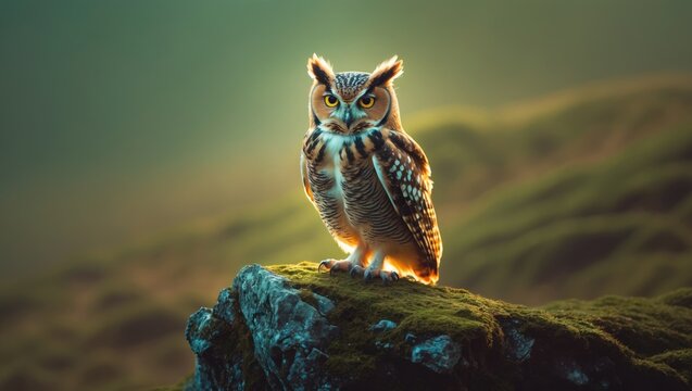 Beautiful outdoor shot of a tiny owl (Athene noctua) on a rock against a vibrant, colorful backdrop.