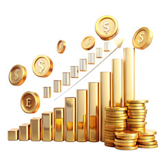 Golden coins stacked with a financial growth graph represent success in currency investment and market wealth