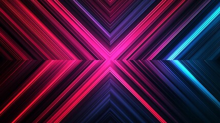 Fototapeta premium Vivid neon lines form a symmetrical abstract X pattern with glowing red, pink, purple, and blue hues on a dark background.