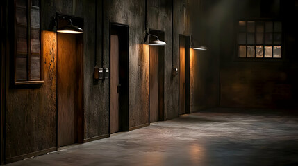 Obraz premium Dark Corridor With Aged Walls And Wooden Doors