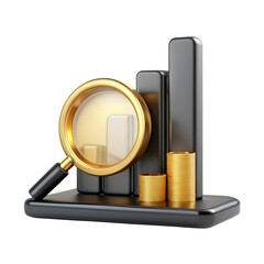 Golden 3D business icon of a magnifying glass for search and technology concepts
