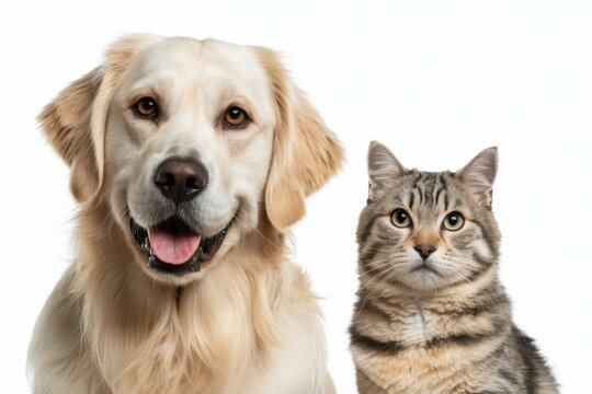 Close up portrait of a friendly golden retriever dog and cat isolated on a white background isolated, white background