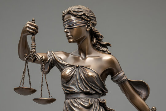Full shot of bronze Lady Justice statue, blindfolded woman symbolizing justice, detailed and high quality composition