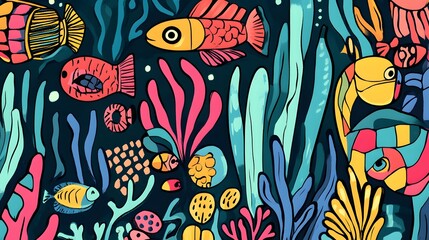 Naklejka premium Vibrant underwater scene with colorful fish and coral.