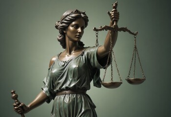 Full shot of bronze Lady Justice statue, blindfolded woman symbolizing justice, detailed and high quality composition