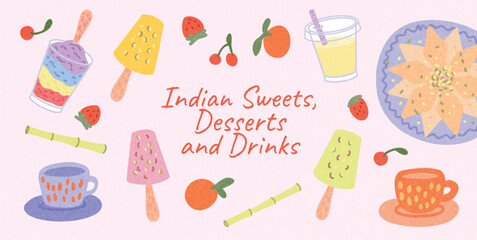Indian Sweets and Drinks illustration. Kaju Katli, colorful Kulfi, Ice Gola, Sugarcane Juice with fruits and cups. Decorative flat vector banner on pink background for dessert or cafe menu