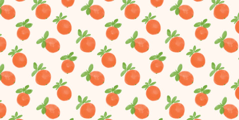 Seamless pattern with Orange Fruit and Green Leaves. Fresh citrus background. Watercolor texture style. Vector illustration for wrapping paper, summer textile, packaging design.