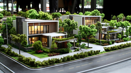 Naklejka premium Model Of Modern Townhouses With Lush Landscape