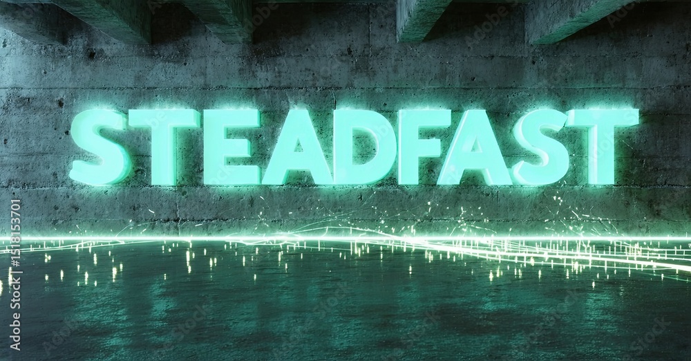 Poster Concrete tunnel displays glowing STEADFAST text. Digital lines emanate from floor, creating futuristic effect. Dark background emphasizes bright illumination.