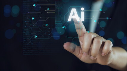 Business man using digital chatbot application Artificial Intelligence (AI). Futuristic technology transformation by entering command prompt for artificial intelligence.