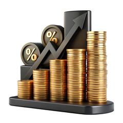 Golden coins stacked with a financial growth graph, symbolizing successful currency market investment and banking profit