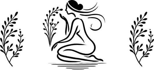 Black-and-white minimalist artwork of a woman leaning over a bouquet of dried herbs, with delicate aroma lines and an elegant oil drop silhouette symbolizing wellness and serenity.
