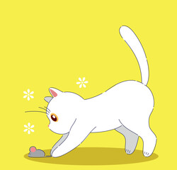 A lively White Cat playfully interacts with a Toy Mouse on a bright yellow background