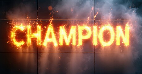Bright word champion glows with fiery effects. Dark background features tile wall, smoke adds dramatic mood. Intense visual impact.