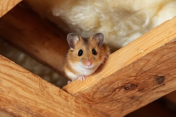 Mouse on a building beam amidst mineral wool thermal insulation, rodents causing damage to the house