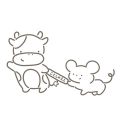 今年の干支のバトンをリレーで渡すネズミと受け取るウシ　白黒