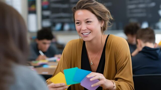 Engaging Teacher Using Colorful Math Flashcards in Classroom Activity