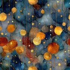 Seamless pattern featuring colorful watercolor circles in shades of blue, gold, and orange, creating a vibrant and artistic design for various creative projects