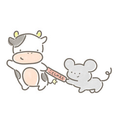 今年の干支のバトンをリレーで渡すネズミと受け取るウシ
