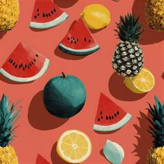 Colorful seamless pattern featuring various fruits including watermelon, pineapple, lemon, and lime on a vibrant coral background, perfect for textile or wallpaper design