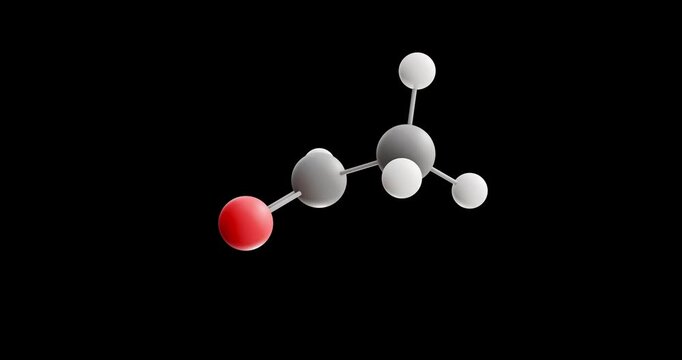 Acetaldehyde molecule, rotating 3D model of ethanal, looped video on a black background
