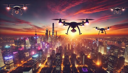 fleet of drones over a city at night