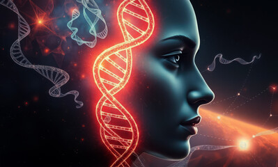 woman head and DNA helix, concept for genetic medicine