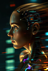 a cybernetc humanoid with digital connections and neural implants