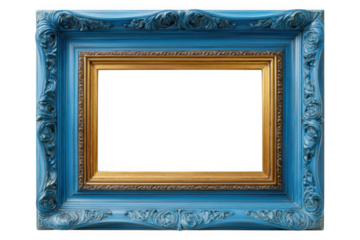 Ornate blue and gold picture frame isolated on transparent background