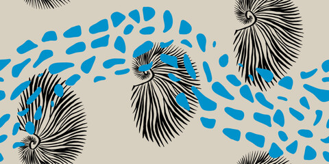 Abstract Nautilus Shells and Blue Wave Pattern