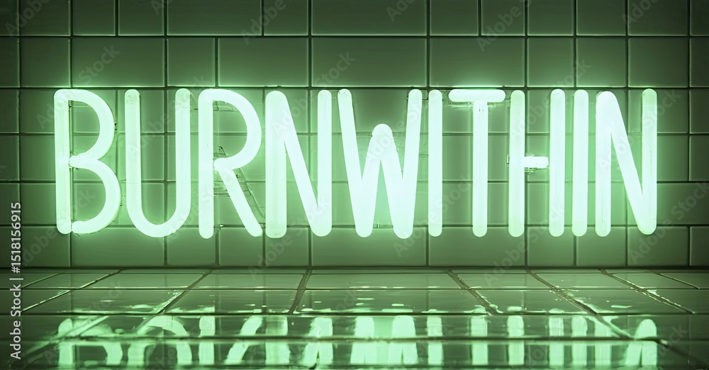 Poster bright neon sign displays burnwithin against tiled wall. reflections create mirrored effect, dark ba